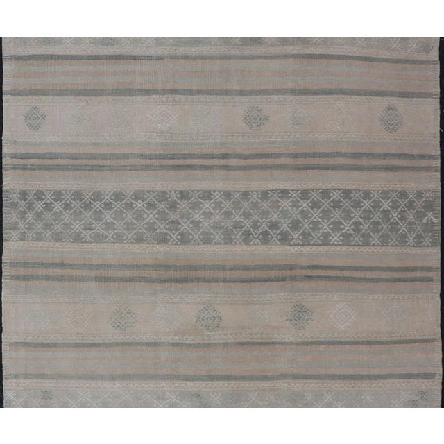 Mid 20th Century Muted Vintage Turkish Kilim Rug With Horizontal Stripes & Tribal Motifs For Sale - Image 5 of 11