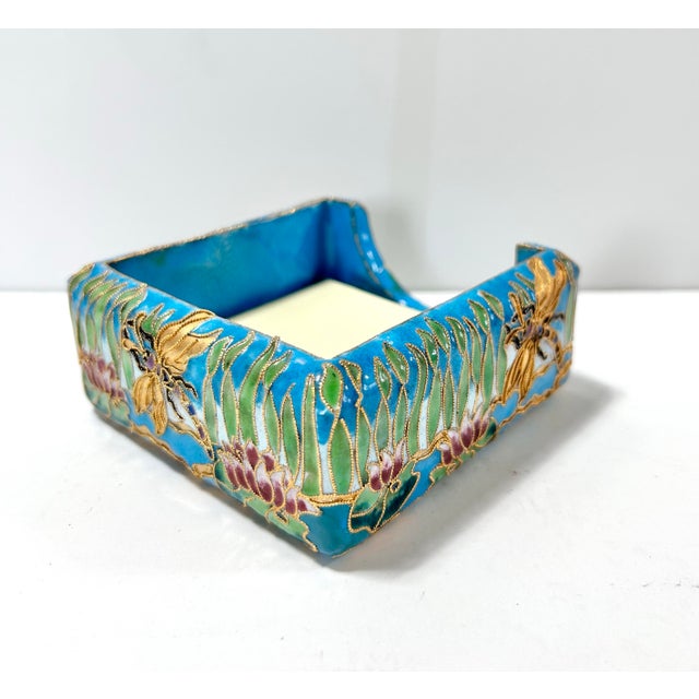 Vintage Chinese Cloisonné Memo Holder With Dragonfly and Lotus Motif, Turquoise Enamel Desk Accessory For Sale - Image 4 of 10
