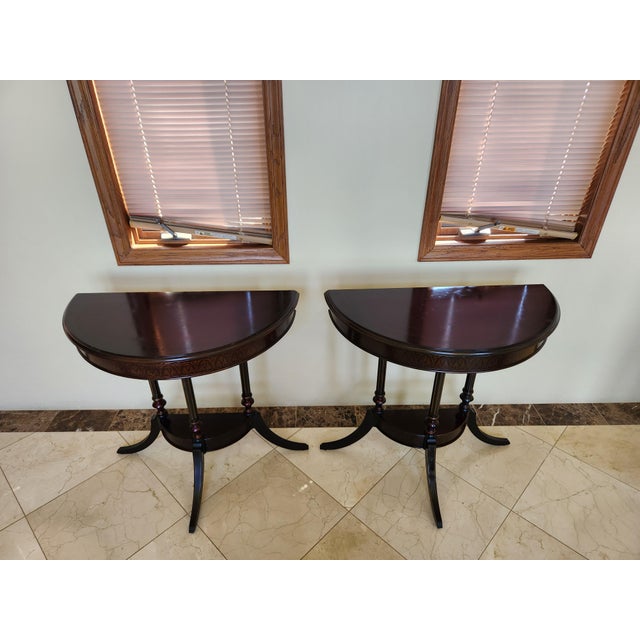 Elegant Pair of Vintage Bombay Company Half-Round Side Tables With Gold Accents For Sale - Image 4 of 10