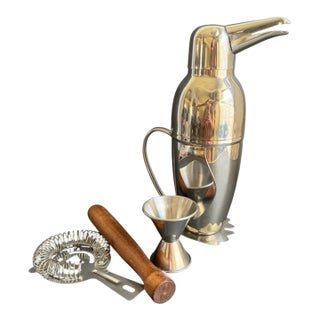 Penguin Cocktail Shaker & Bar Tools Set Silver Tone Vintage Art Deco Style Retro For Sale