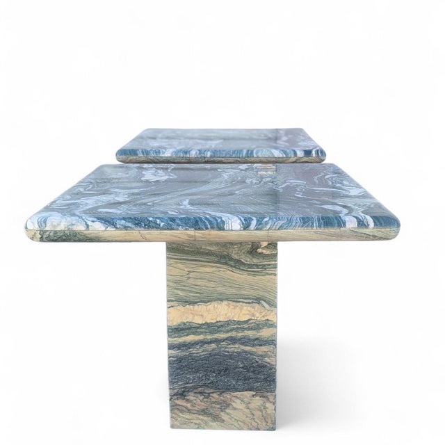 1980s Postmodern Green Figured Marble Pedestal Side Tables, Pair For Sale - Image 17 of 18