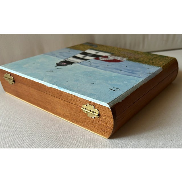 Late 20th Century Coastal Chic Hand Painted Lighthouse Cigar Box, Signed by Artist For Sale - Image 5 of 13