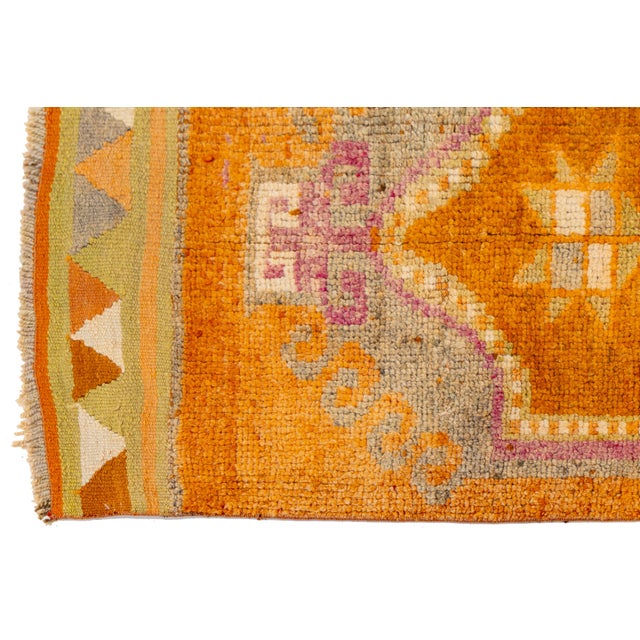 1960s Vintage Handmade Turkish Wool Runner in Orange With Star Medallions Design For Sale - Image 5 of 10
