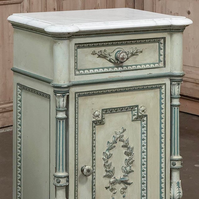 Pair 19th Century French Louis XVI Painted Nightstands With Carrara Marble For Sale - Image 11 of 18