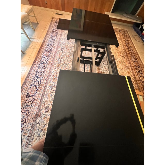 Mid-Century Modern Lacquer Extension Dining Table With Asian-Inspired Fretwork Base and Two Leaves. For Sale - Image 3 of 12