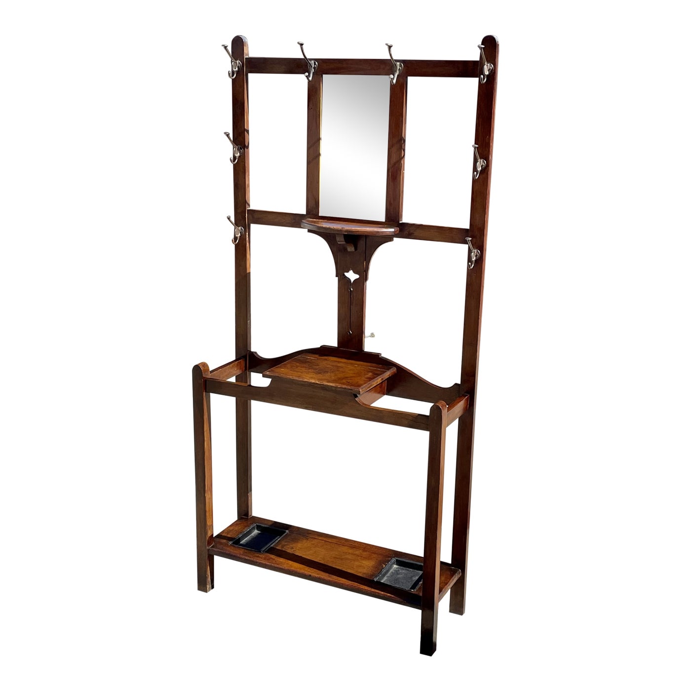 Antique Oak Hall Tree Beveled Mirror with Original Hardware and Pans