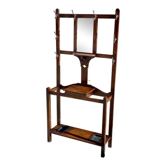 Antique Oak Hall Tree Beveled Mirror with Original Hardware and Pans