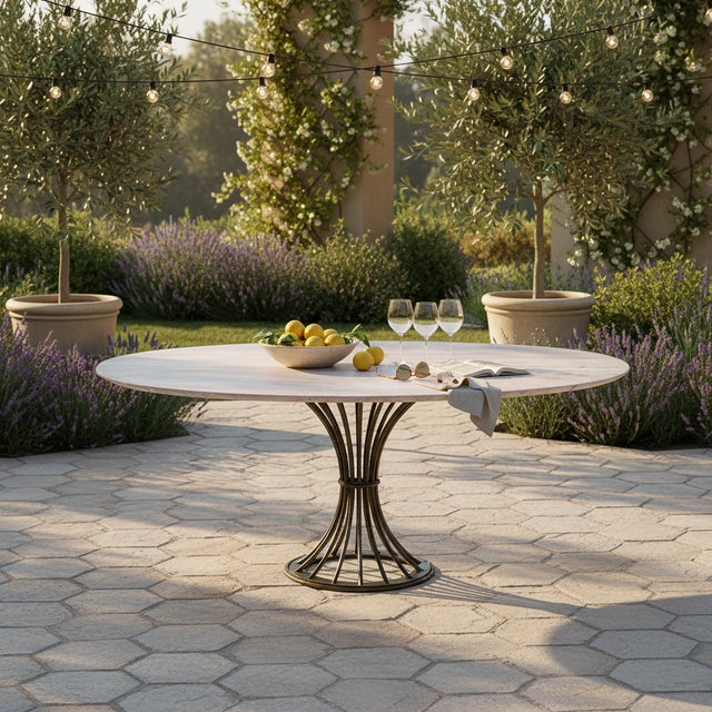 Metal Modern Kreiss Trieste Collection 60" Round Travertine & Wrought Iron Center or Dining Table For Sale - Image 7 of 14