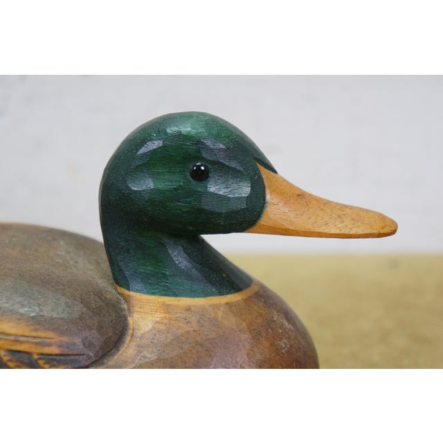 Brown Mid 20th Century Chinese Hand-Carved Wood Mallard Drake and Hen Duck Decoys Pair 10" For Sale - Image 8 of 14