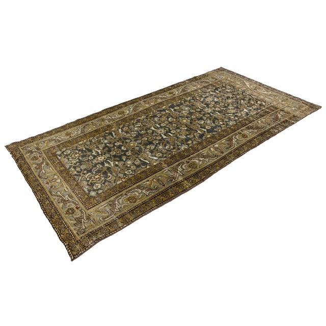 19th Century Antique Mahal Wool Rug With Charcoal Field & Olive Floral Motifs For Sale - Image 4 of 9