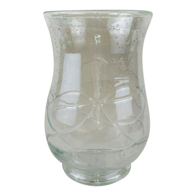 Hand Blown Seeded Glass Hurricane Vase Swirl Ribbon Detail Clear 9" For Sale