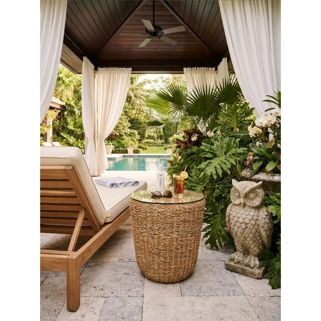 Camel Handcrafted Woven Seagrass Drum Side Table With Glass Top For Sale - Image 8 of 12