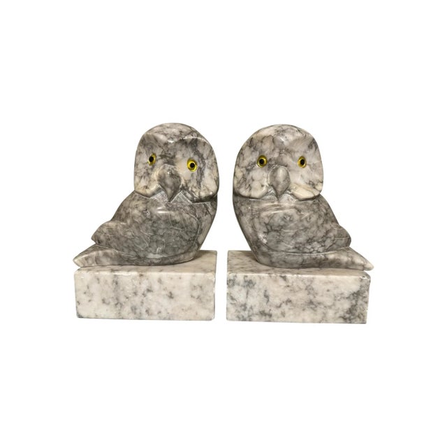 Mid-Century Modern 1950s Hand Carved Alabaster Owl With Glass Eyes Bookends- a Pair For Sale - Image 3 of 10