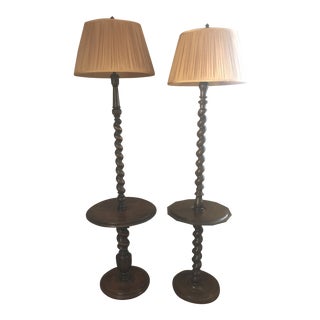1970s Mid Century Barley Twist Floor Lamps and Silk Shades With Tables - A Pair For Sale