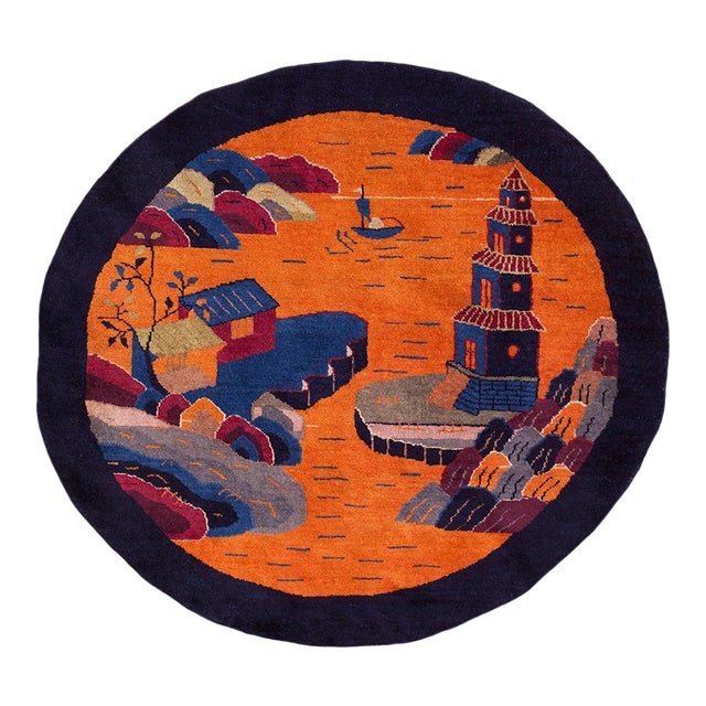 1920s Orange Scene Pictorial Antique Oval Chinese Art Deco Rug 4.06 X 4.1 Handknotted Wool Carpet For Sale