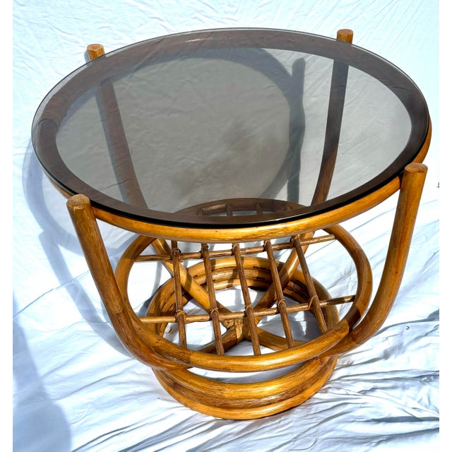 Mid 20th Century Boho Rattan Bamboo Round Side Table For Sale - Image 4 of 5