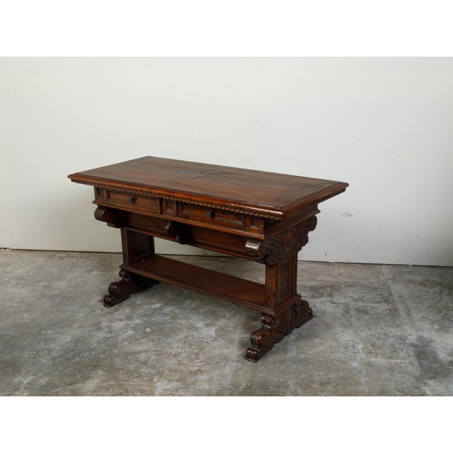 Italian 1800s Walnut Trestle Base Table with Two Drawers and Carved Motifs For Sale - Image 9 of 12