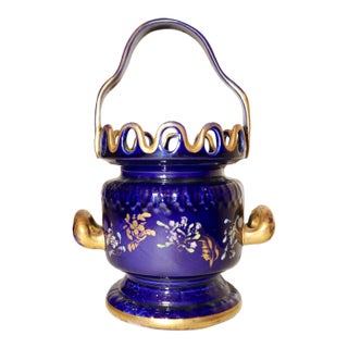 Unique Antique Hand Painted Porcelain Cobalt Gold Gilded Basket Style Vase Pot For Sale