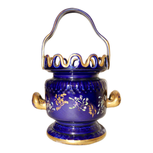 Unique Antique Hand Painted Porcelain Cobalt Gold Gilded Basket Style Vase Pot