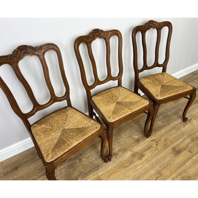 Brown Vintage French Dining Chairs in Oak with Rush Seats, Set of 6 For Sale - Image 8 of 17