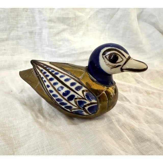 Vintage Mexican Tonala Pottery & Brass Duck Figurine For Sale - Image 4 of 5