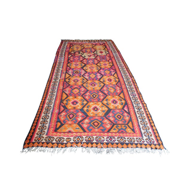 1930s Vintage Geometric Kilim Runner-4'10" x 10'7" For Sale