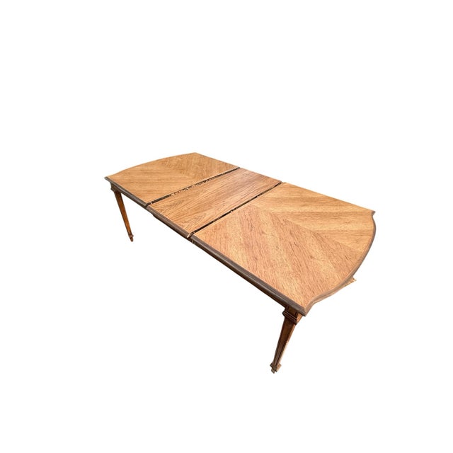 1950s Vintage Refinished Walnut Chevron Veneer Extendable Dining Table With Two Leaves For Sale - Image 5 of 10