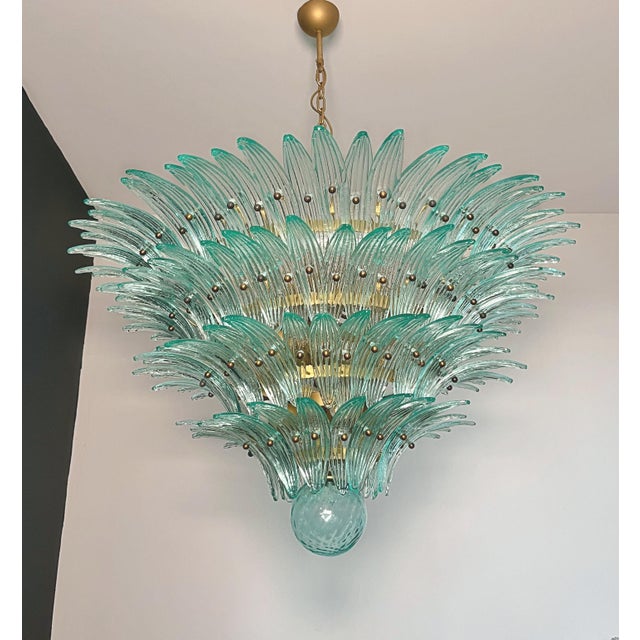 Mid-Century Modern Late 20th Century Murano Glass Palmette Chandelier - 160 Turquoise Glasses, Four-Tier, Gold Frame For Sale - Image 3 of 5