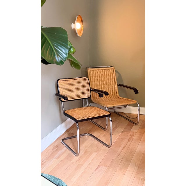 Wood Rattan B35 Cantilever Chair and B64 Viennese Wicker Armchair by Marcel Breuer for Thonet, Set of 2 For Sale - Image 7 of 18