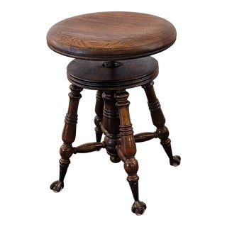 Antique 1880's Oak Piano Stool Adjustable Top Real Glass & Marble Claw Feet For Sale