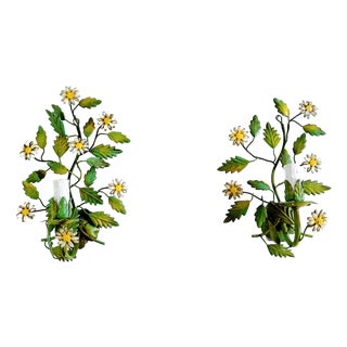 French Tole Painted Daisy Floral Wall Sconces, 1970, Set of 2 For Sale