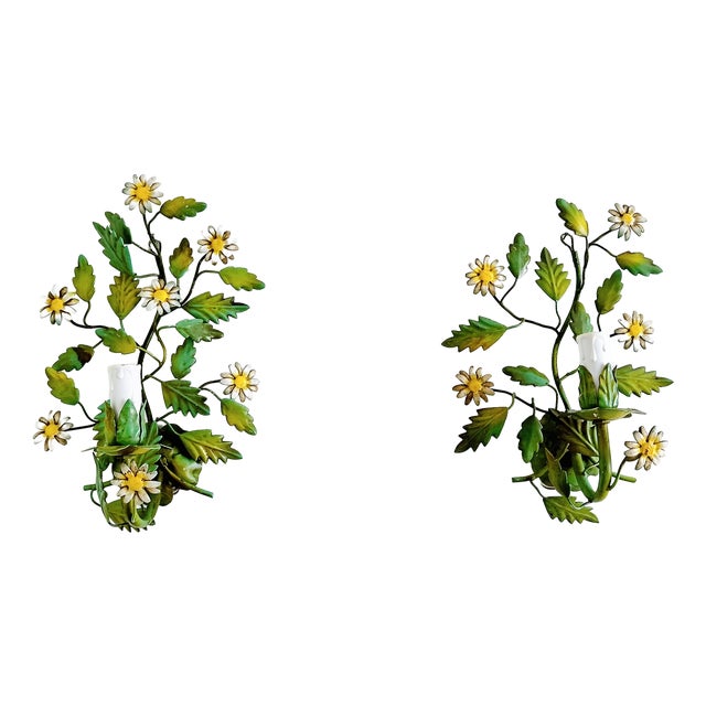 French Tole Painted Daisy Floral Wall Sconces, 1970, Set of 2 For Sale