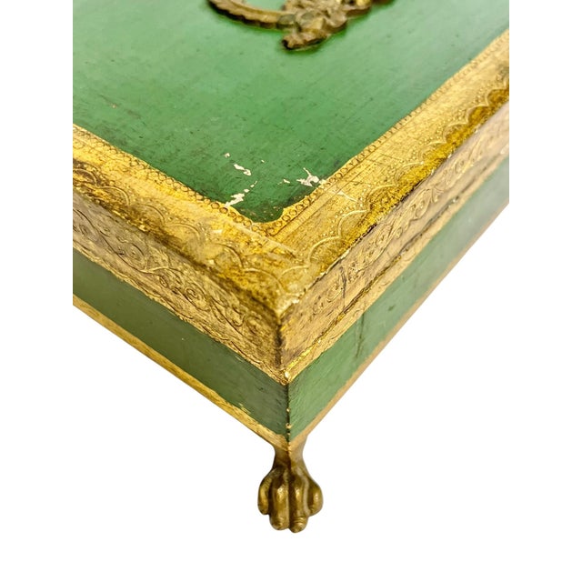 Wood Vintage Italian Gilt and Green Painted Box With Metal Lion Paw Feet and Metal Laurel Wreath For Sale - Image 7 of 17