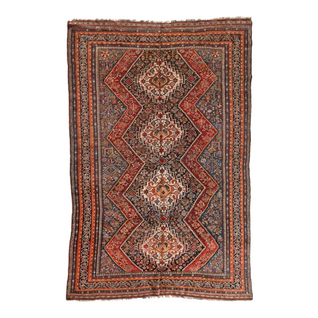 1920s-1930s Persian Ghashgai Red and Navy Tribal Geometric Rug For Sale