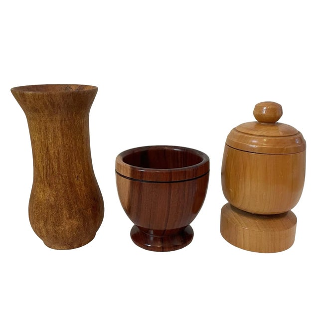 Mid-Century Modern Vintage MCM Hand-Turned Wood Vases & Containers. Set of 6 For Sale - Image 3 of 7