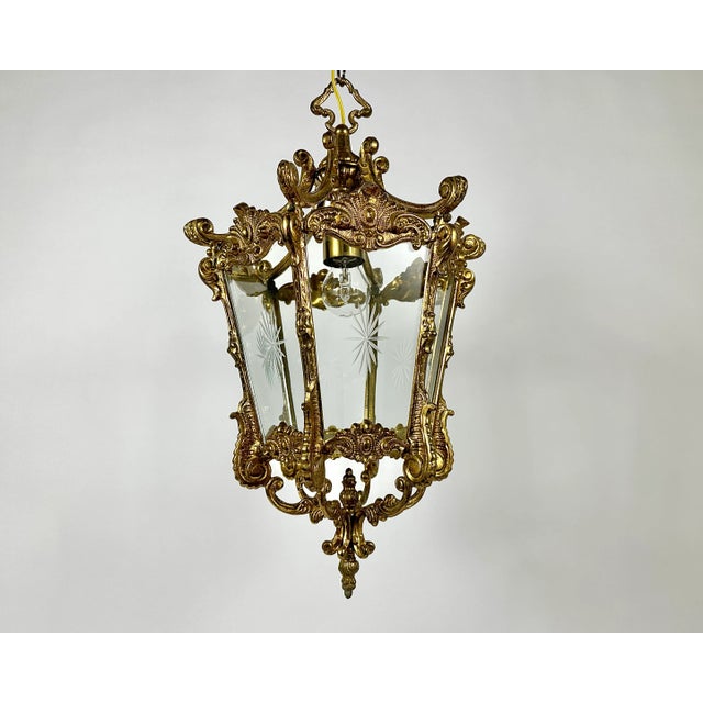 Baroque Vintage Ceiling Lantern in Bronze with Etched Glass Panels, 1930s For Sale - Image 3 of 11