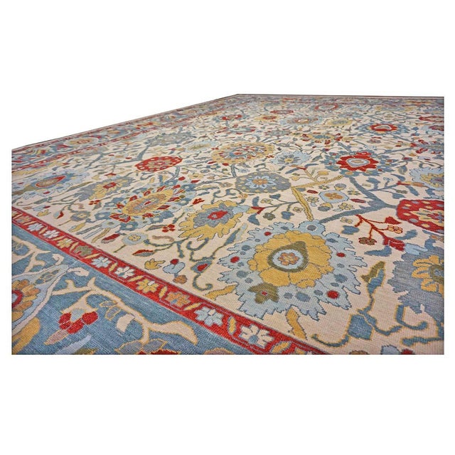 Afghan Sultanabad Wool 13x16 Ivory, Red & Light Blue Handmade Area Rug #1143763 For Sale - Image 11 of 11