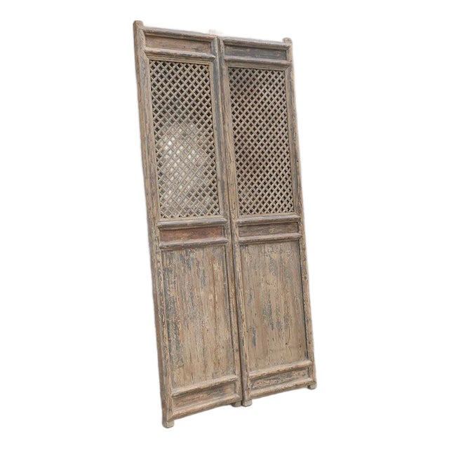 Pair of Antique Chinese Pine Trellis-Top Wall Panels/Doors/Screen For Sale