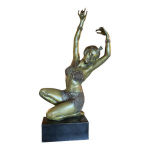 Art Deco Bronze Flapper Girl Statue on Marble by Affortunato Gory