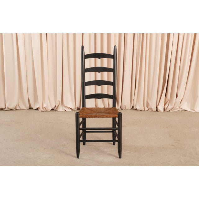 Set of 6 Antique Shaker Ladder Back Dining Chairs | Ebonized Wood, Hand-Woven Rush Seats For Sale - Image 10 of 14
