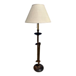 1940s Frances Elkins Prototype Mahogany Adjustable Ratchet Floor Lamp With Rh Linen Shade For Sale