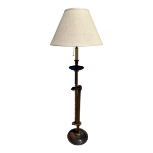 1940s Frances Elkins Prototype Mahogany Adjustable Ratchet Floor Lamp With Rh Linen Shade