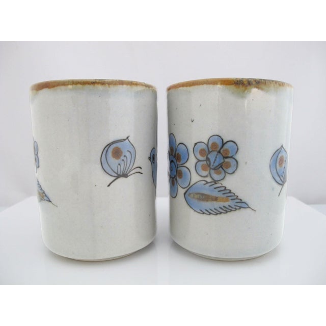 Farmhouse Ken Edwards El Palomar Blue Bird Flowers Mexican Tonala Folk Art Coffee Cup Pair For Sale - Image 3 of 14