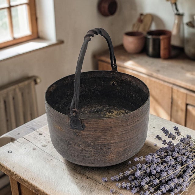 A late 19th century primitive copper cauldron vessel of American or European origin, constructed from heavy-gauge hammered...