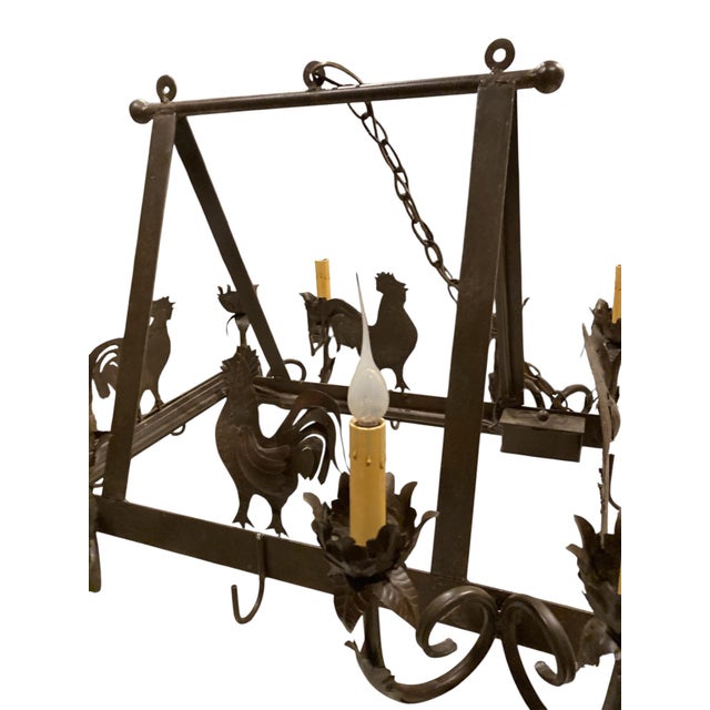 Farmhouse Vintage French Country Wrought Iron Rooster Chandelier With 6 Pot Hooks, 8-Light Hanging Fixture For Sale - Image 3 of 4