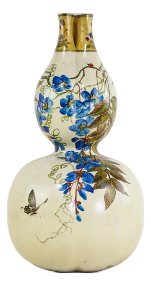 Vintage Chinese Gourd-Shaped Porcelain Vase With Hand-Painted Wisteria and Butterfly