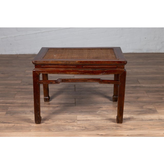 Wood Antique Chinese Ming Dynasty Style Waisted Side Table with Woven Rattan Top For Sale - Image 7 of 13