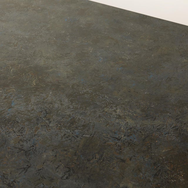 Four-legged hand-painted faux-finished dining table / desk by Joseph Stannard. Charcoal, stone, and subtle mineral-blue...