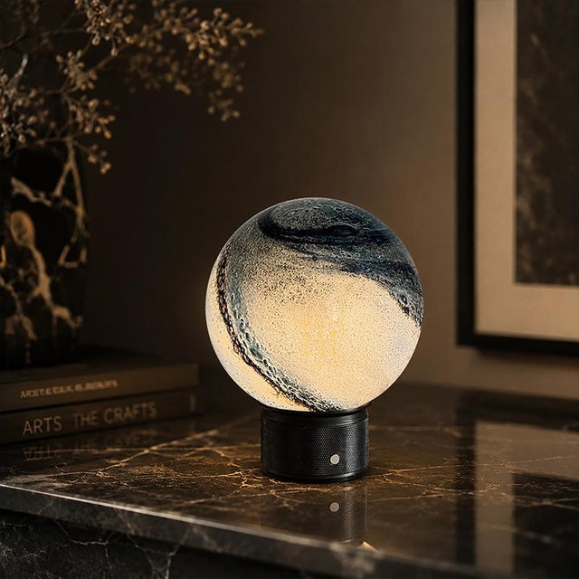 Blue Aloadecor Cosmic Blue Hand-Blown Art Glass Globe Table Lamp Cordless Rechargeable Decorative Bedside Lamp With Dimmable Led For Sale - Image 8 of 11