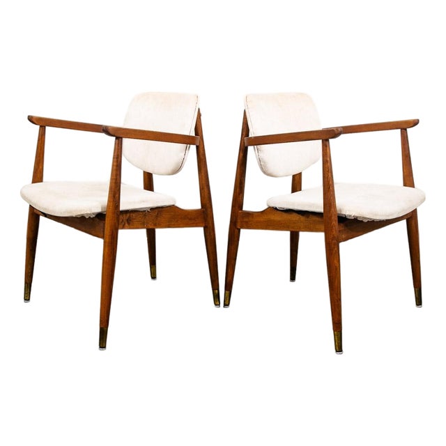 Mid Century Modern Armchairs Dining Chairs Walnut Wood 2 Two White American Pair For Sale